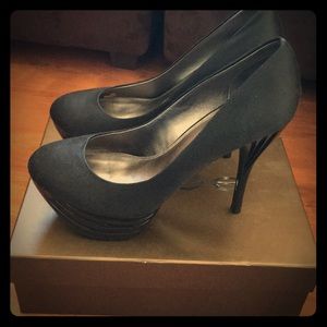 BEBE BLACK SATIN ROUND TOE PLATFORM PUMPS